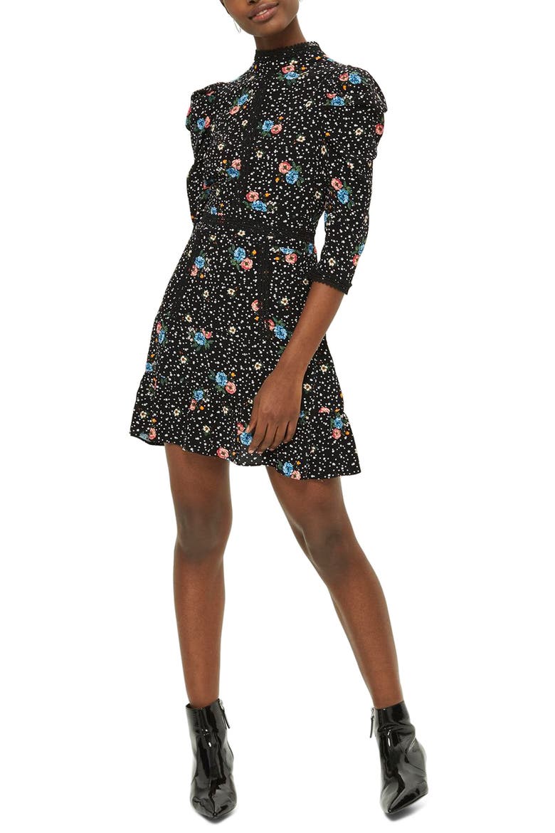 Lace-Up Back Floral Dress, Main, color, BLACK MULTI