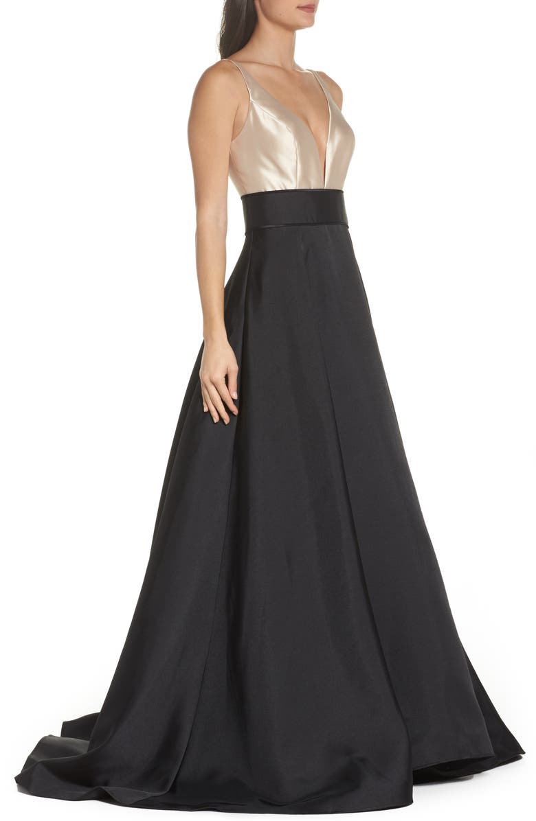 Ieena for Mac Duggal Plunge Neck Taffeta Ballgown, Alternate, color,