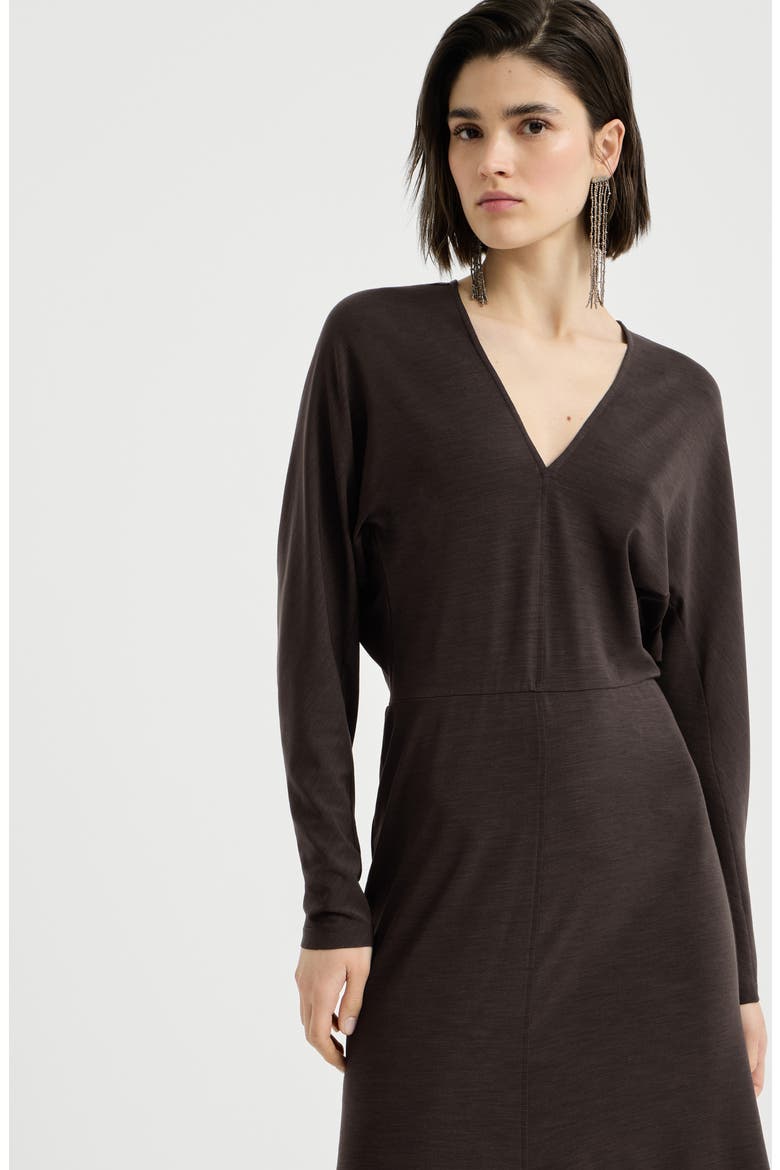Techno wool jersey dress with monili, Alternate, color, Coffee