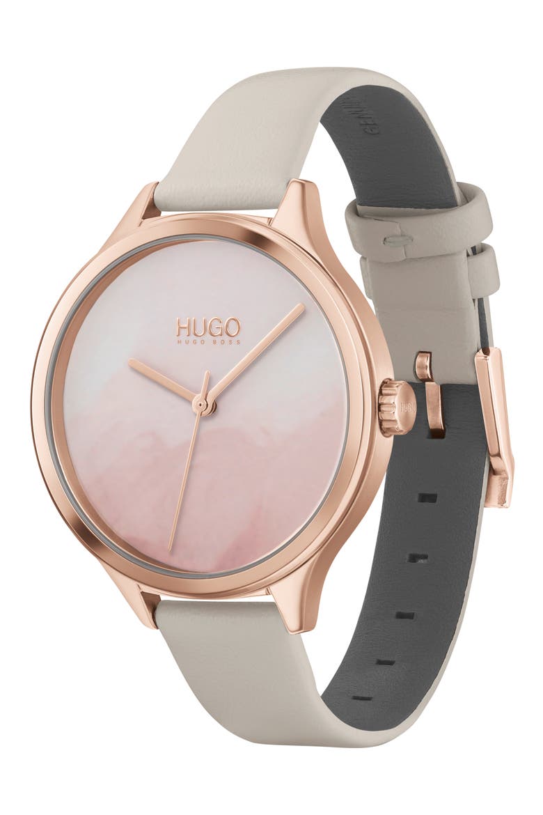 Smash Leather Strap Watch, 36mm, Alternate, color, GREY/ CARNATION GOLD