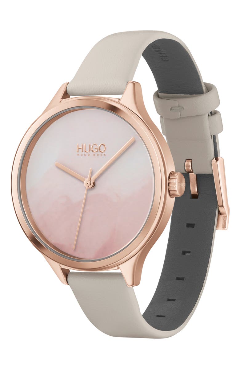 HUGO Smash Leather Strap Watch, 36mm, Alternate, color,