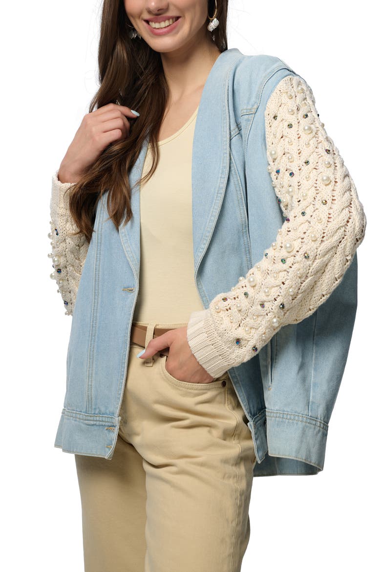 Embellished Knit Sleeve Denim Jacket, Alternate, color, DENIM