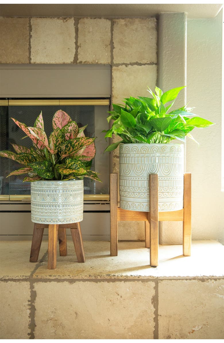 FLORA BUNDA 10" & 8" Aqueduct Ceramic Planter on Wood Stand - Set of 2, Alternate, color,