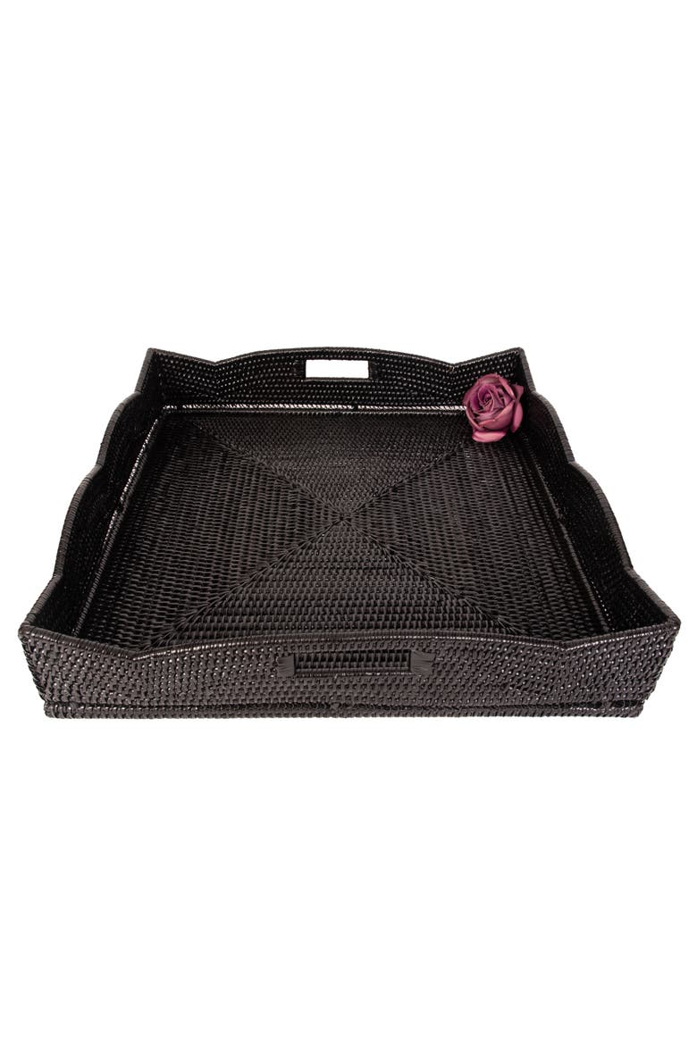 Artifacts Rattan Scallop Square Tray With Glass Insert, Alternate, color, Tudor Black