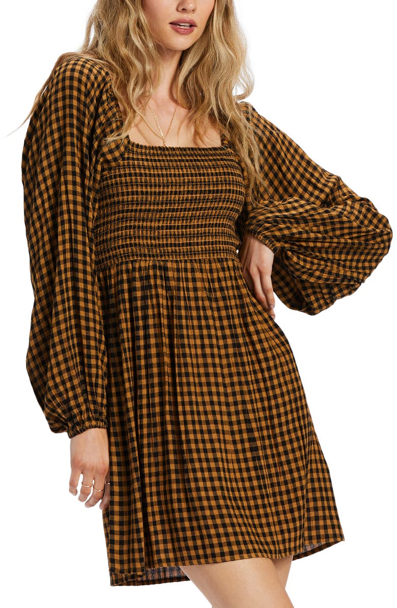 Billabong Paradise Days Long Sleeve Smocked Minidress, Alternate, color, Cosmic Khaki