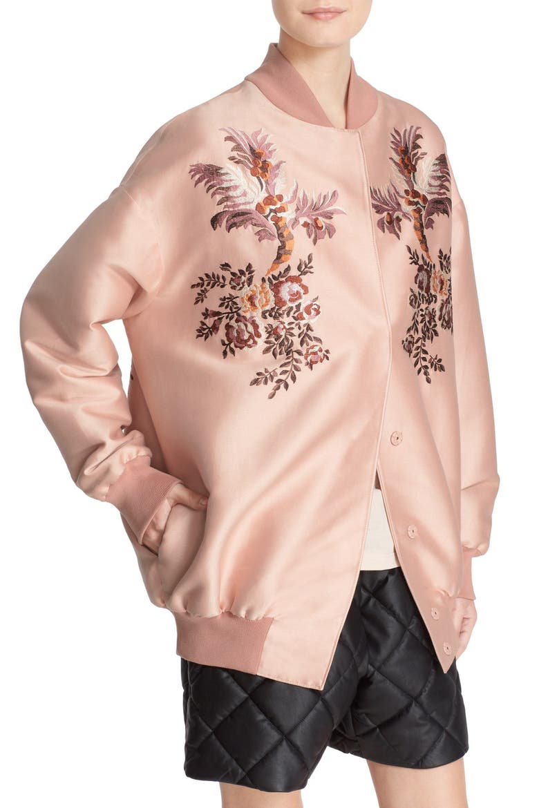Floral Embroidered Duchesse Satin Bomber Jacket, Alternate, color, ROSE