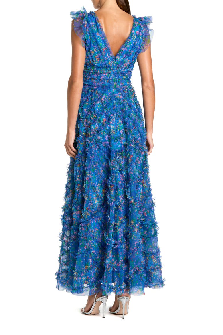 Floral V-Neck Ruffle Tiered Maxi Dress with Flutter Sleeves, Alternate, color, Blue Multi