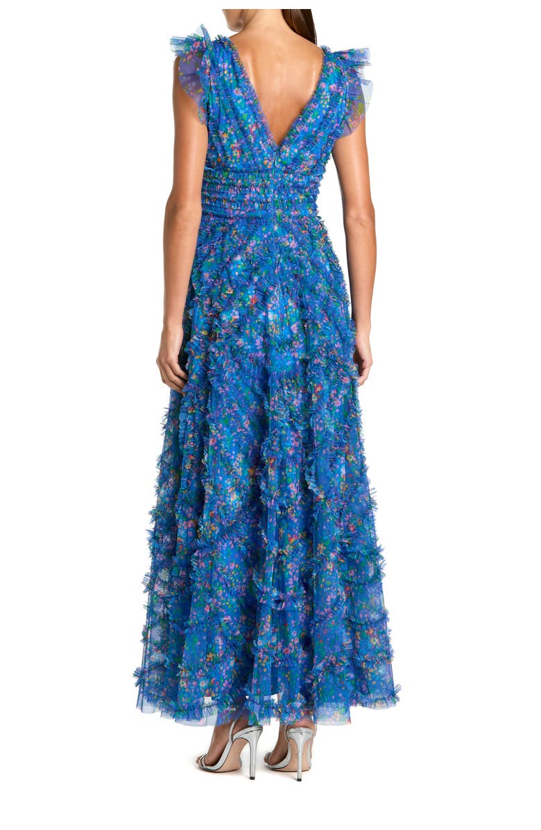 Mac Duggal Floral V-Neck Ruffle Tiered Maxi Dress with Flutter Sleeves, Alternate, color, Blue Multi
