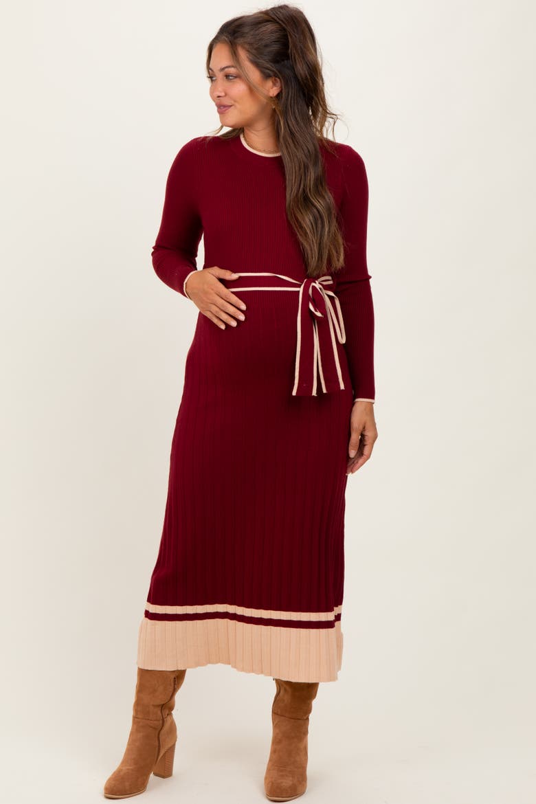 Elegant Ribbed Midi Sweater Dress With Belt, Alternate, color, Burgundy