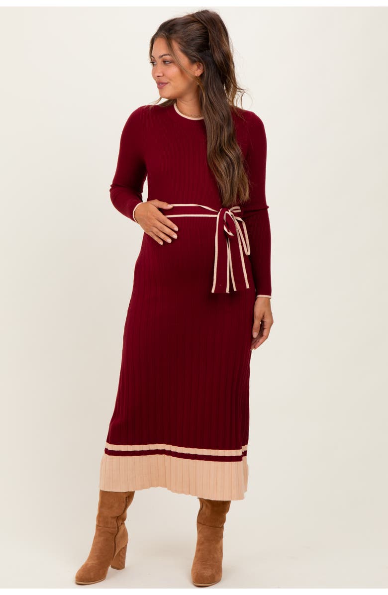 PinkBlush Elegant Ribbed Midi Sweater Dress With Belt, Alternate, color, Burgundy