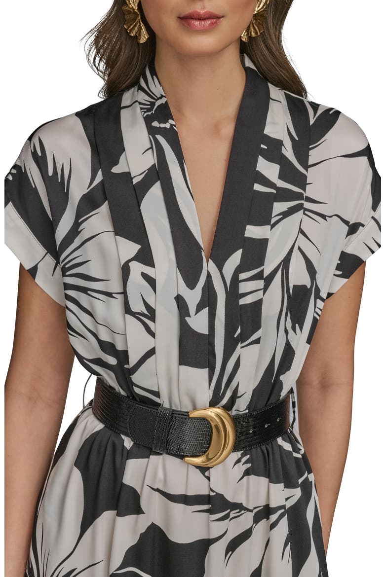 Floral Print Belted Midi Dress, Alternate, color, BLACK/ PRISTINE