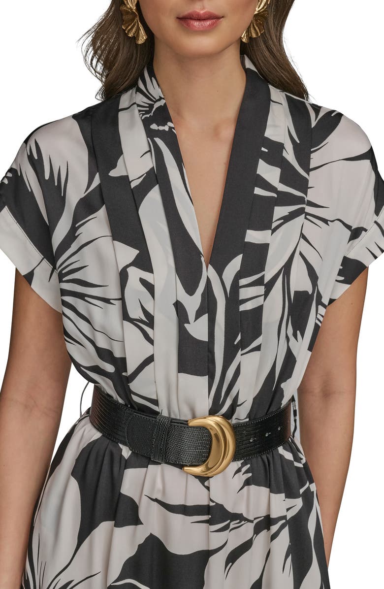 Donna Karan New York Floral Print Belted Midi Dress, Alternate, color, Black/ Pristine