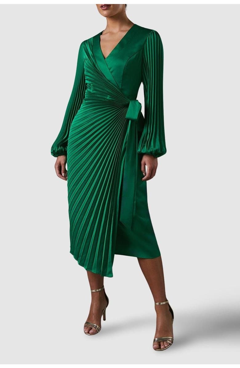 Coast Satin Pleated Wrap Dress, Alternate, color, Green