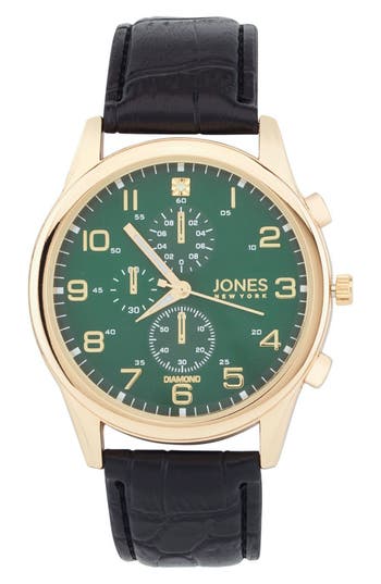 Jones New York Diamond Chronograph Croc Embossed Leather Strap Watch, 42mm In Black