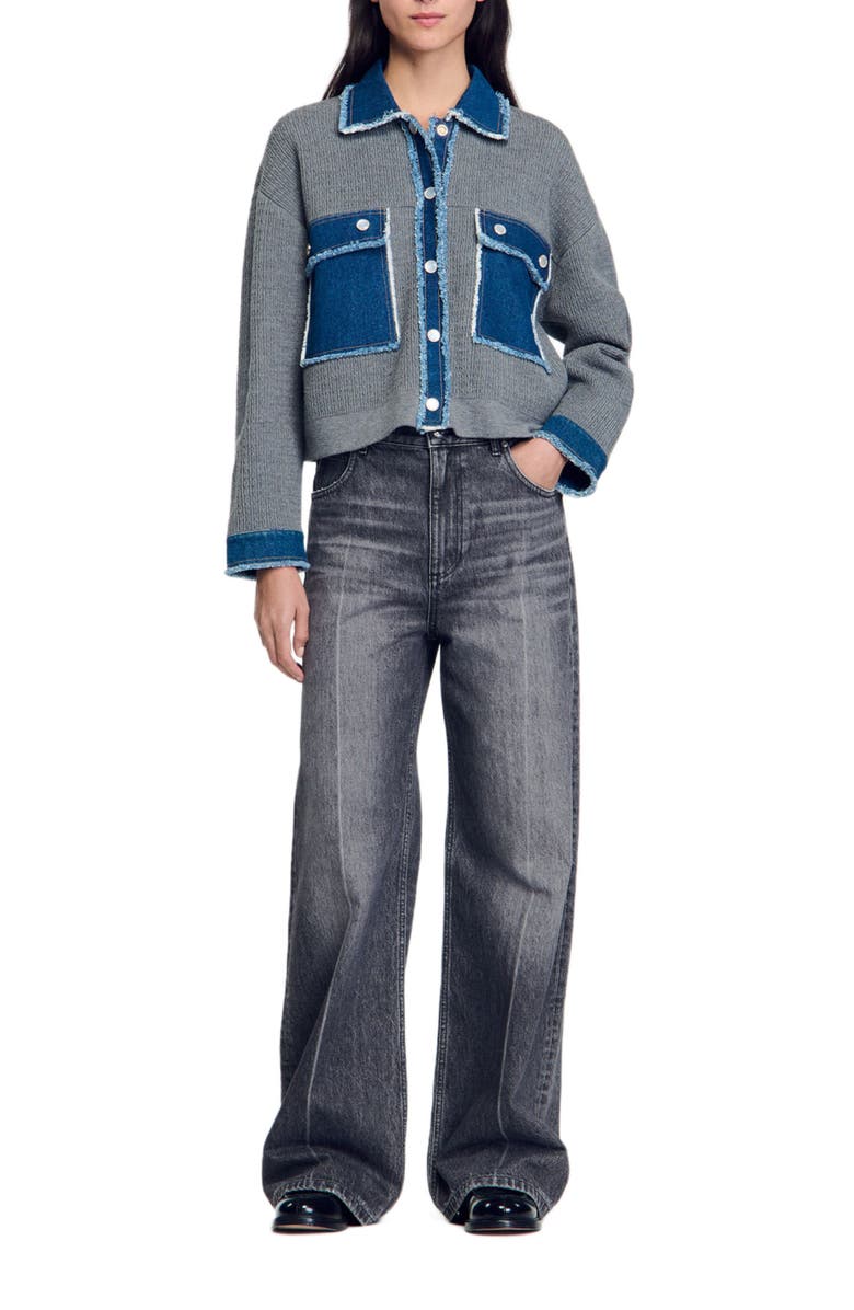 SANDRO Denim and knitwear coatigan, Alternate, color, 