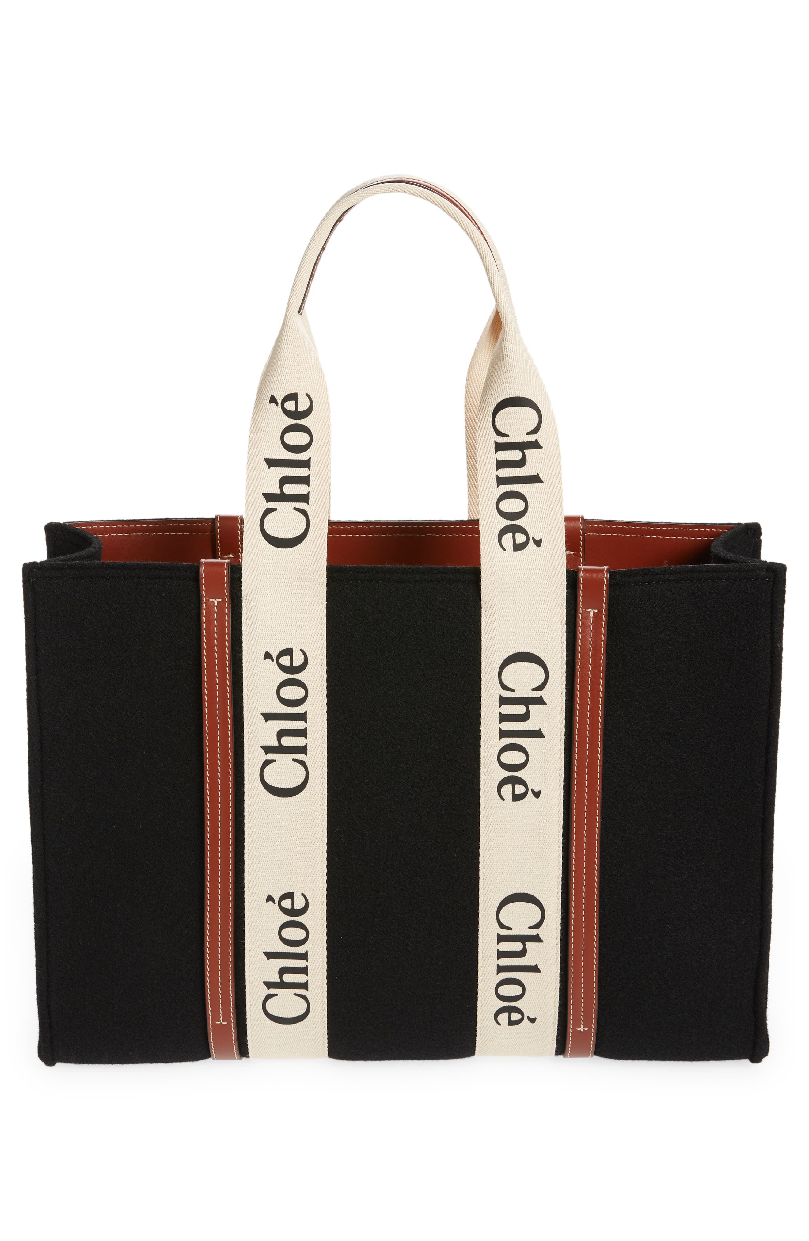Chloé Large Woody Logo Strap Stripe Recycled Wool Tote, Alternate, color, 