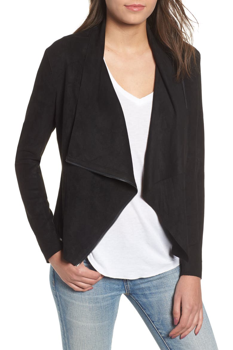 Drape Front Faux Suede Jacket, Main, color, BLACK