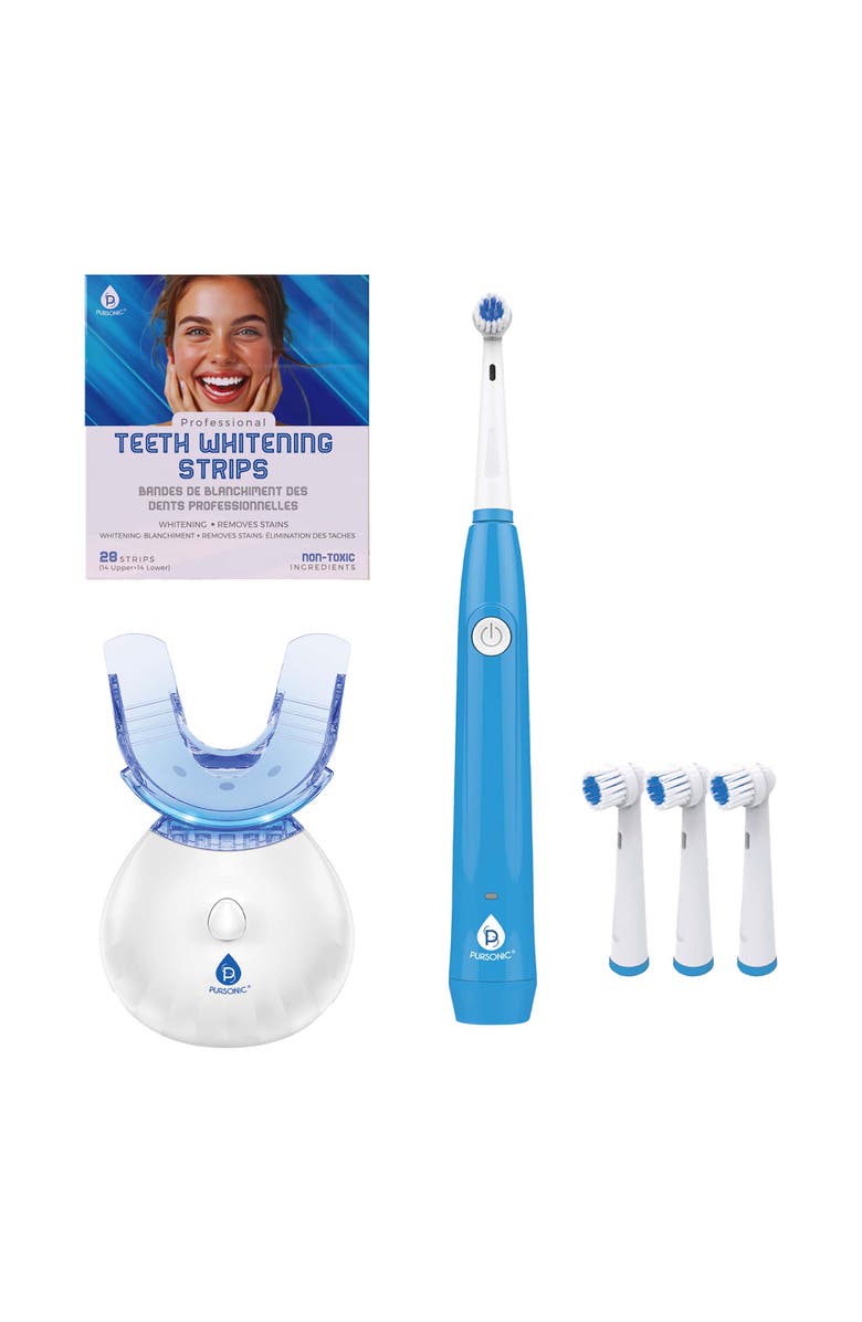 PURSONIC Ultimate Teeth Whitening & Oral Care Bundle LED Whitening Kit, Whitening Strips, & USB Electric Toothbrush, Main, color, White