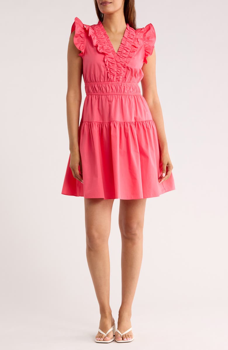 Vince Camuto Ruffle V-Neck Cotton Minidress, Main, color, Pink