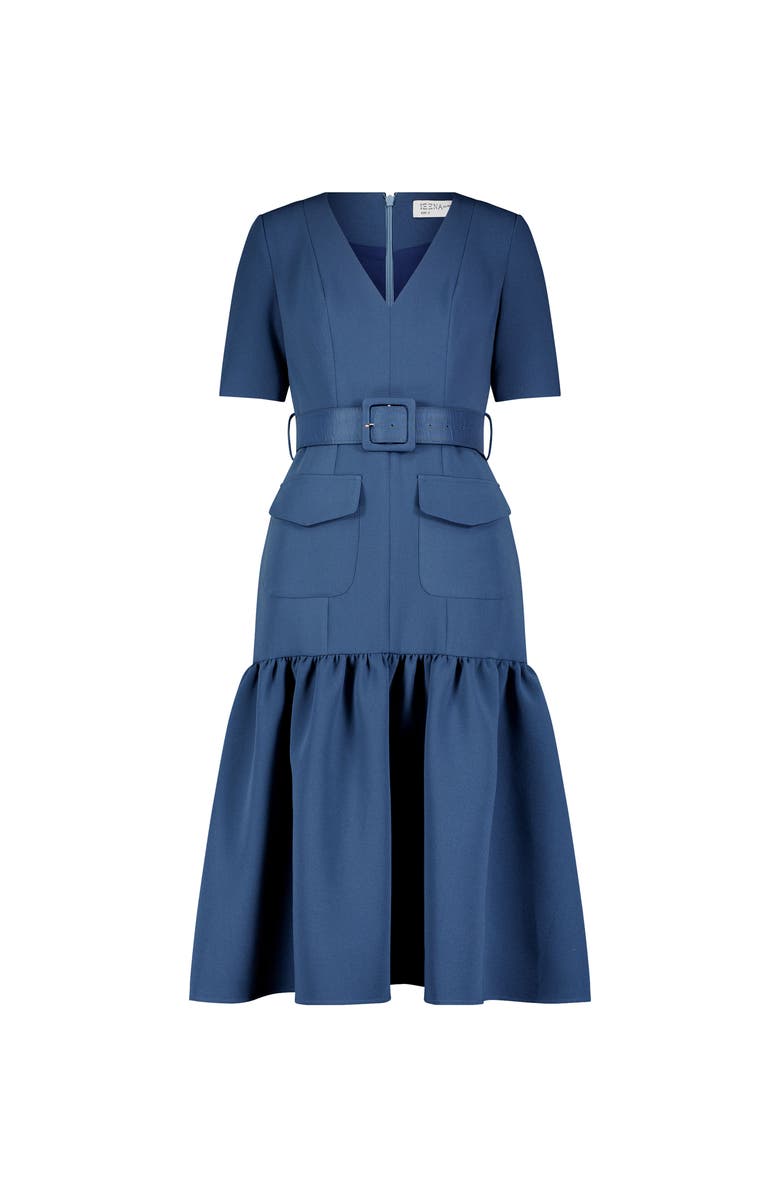Mac Duggal Crepe 3/4 Sleeve Belted and Pocketed Midi Dress, Alternate, color, Deep Blue
