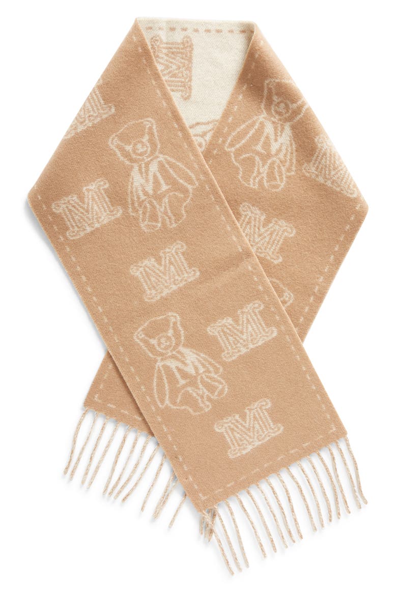 Sanima Bear Monogram Cashmere Fringe Scarf, Alternate, color, CAMEL