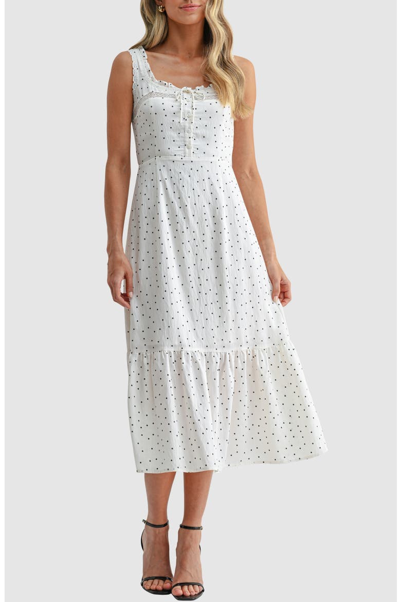 Lace Inset Tiered Midi Dress, Main, color, CREAM BLACK DOT