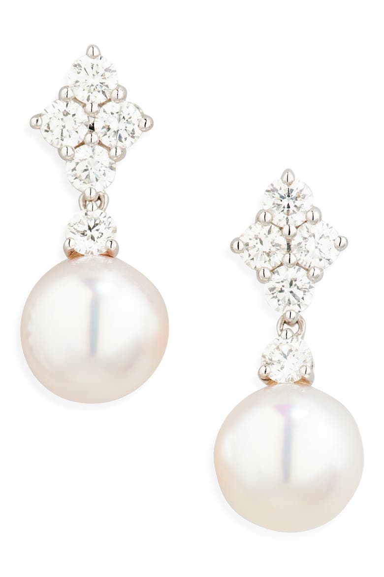 Akoya Pearl & Diamond Earrings, Main, color, PEARL/ WHITE GOLD