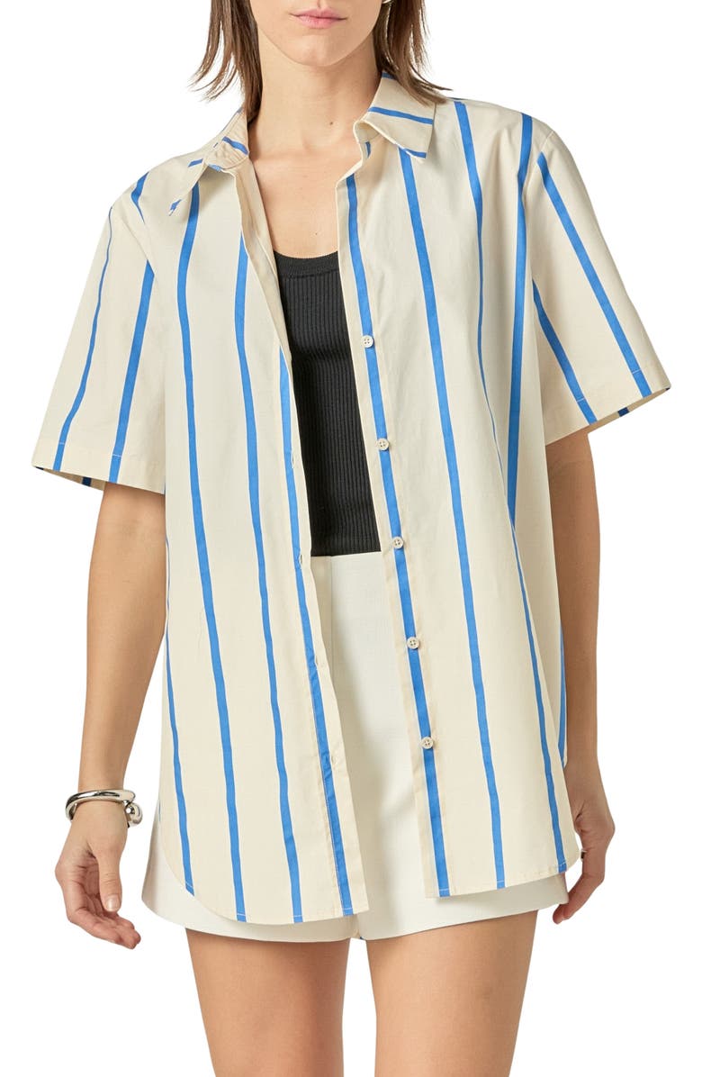 English Factory Stripe Short Sleeve Button-Up Top, Main, color, Blue Multi