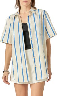English Factory Stripe Short Sleeve Button-Up Top