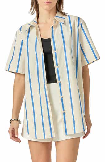 English Factory Stripe Short Sleeve Button-Up Top