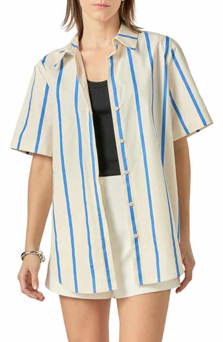 English Factory Stripe Short Sleeve Button-Up Top