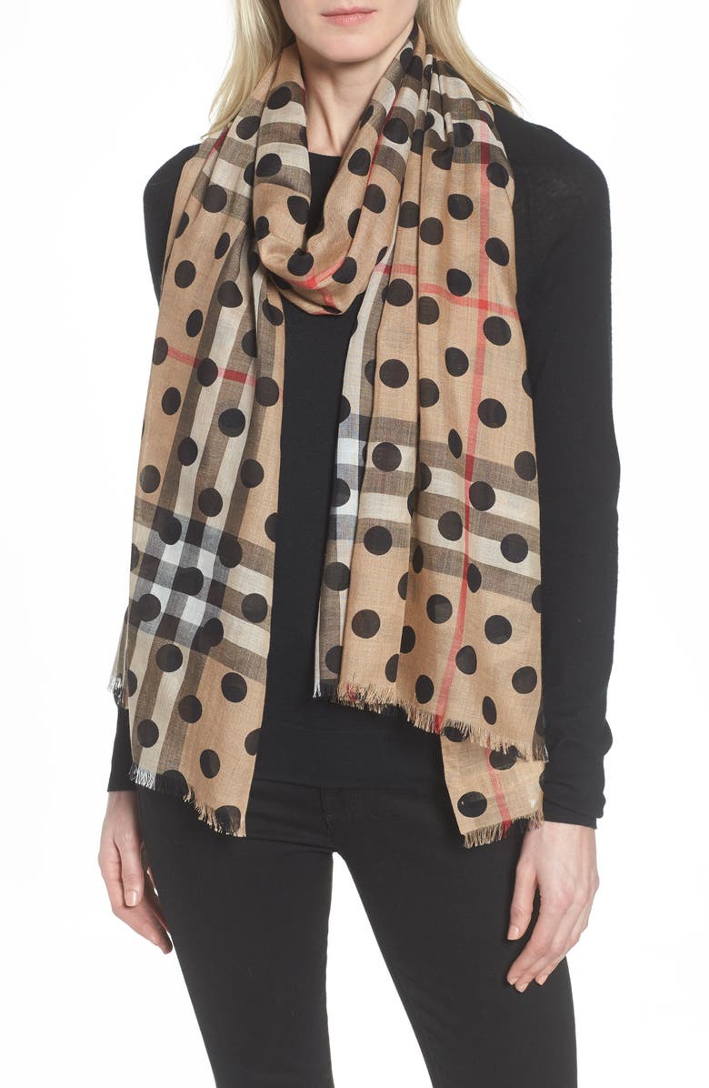 Burberry Dot & Giant Check Wool & Silk Gauze Scarf, Alternate, color, 