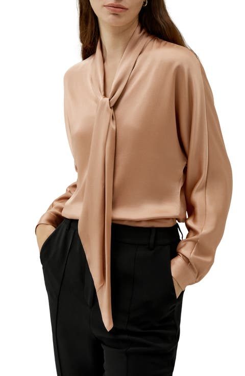 Bat Sleeve Silk Top with Adjustable Neck Tie