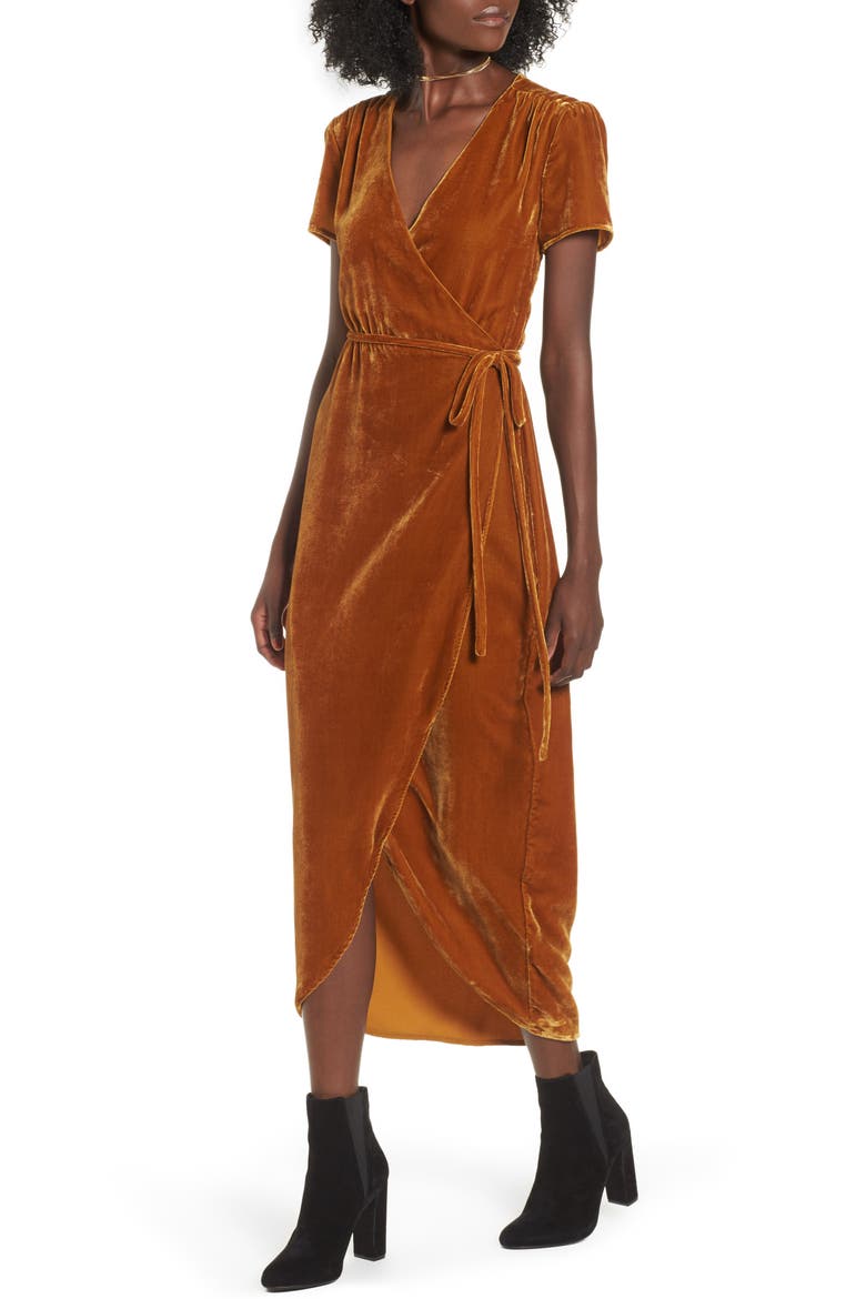 Next to You Velvet Wrap Dress, Main, color, MUSTARD