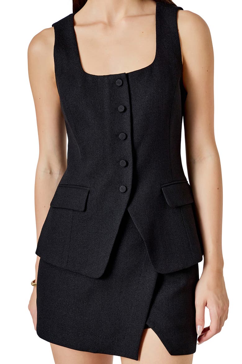 Tweed Button Vest, Alternate, color, BLACK