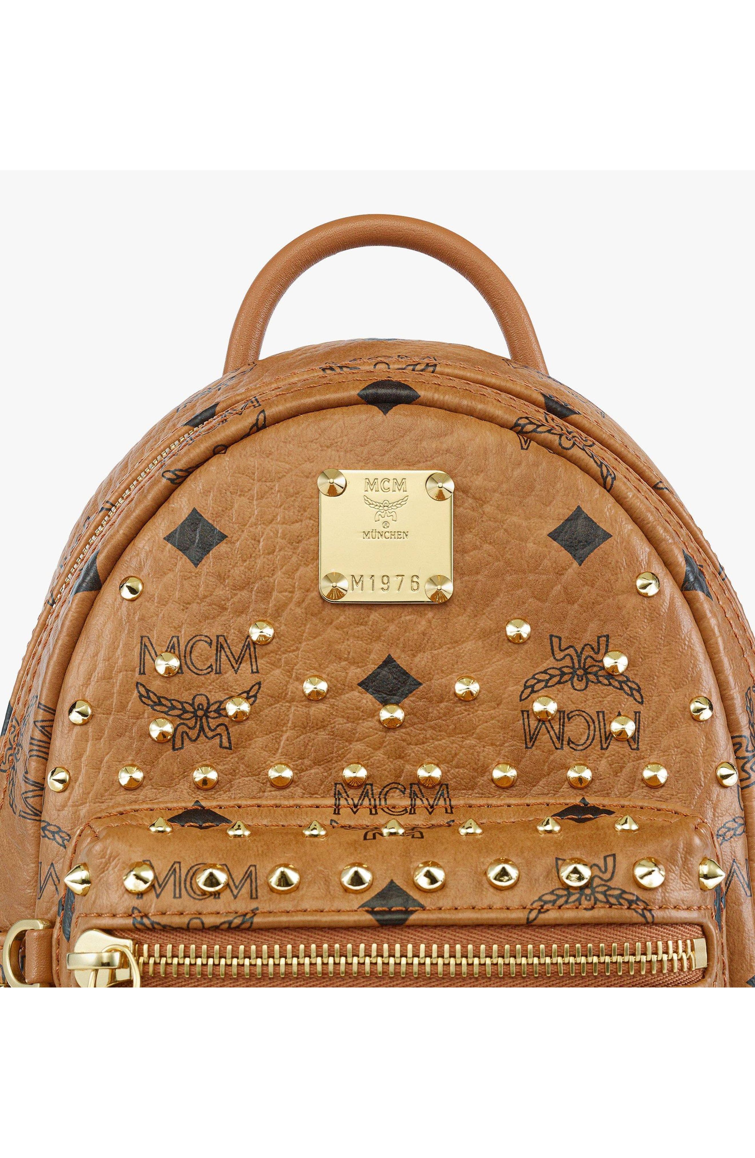 X-Mini Stark Bebe Boo Backpack in Gold Crystal Visetos, Alternate, color, Cognac