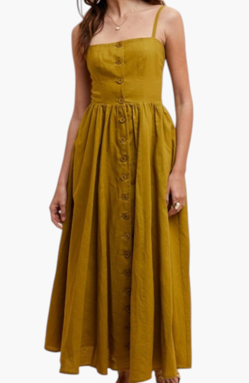 Modenaire Button Front Midi Dress With Spaghetti Straps And Side Pockets In Multi