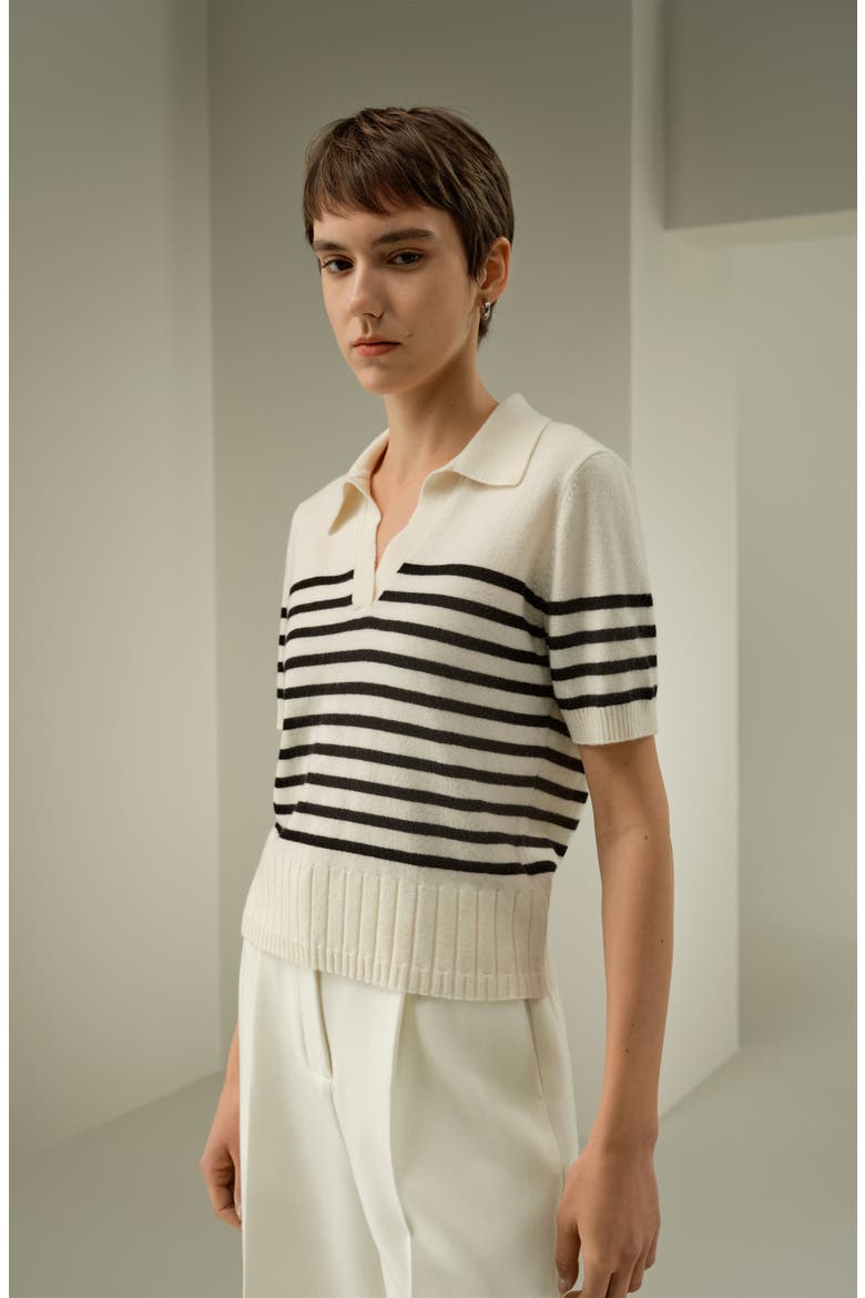 Women's Striped Cashmere Polo Sweater, Alternate, color, Black&White Stripes