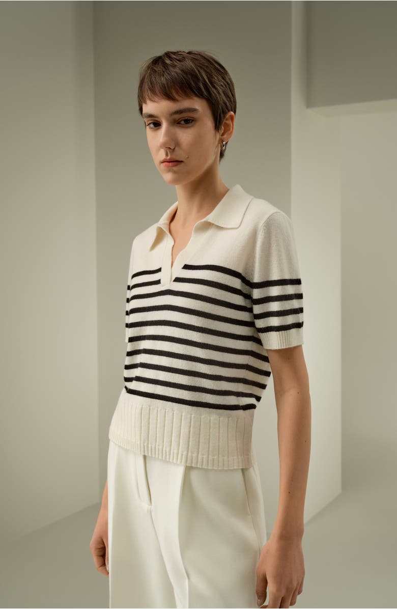 Lilysilk Women's Striped Cashmere Polo Sweater, Alternate, color, Black&White Stripes
