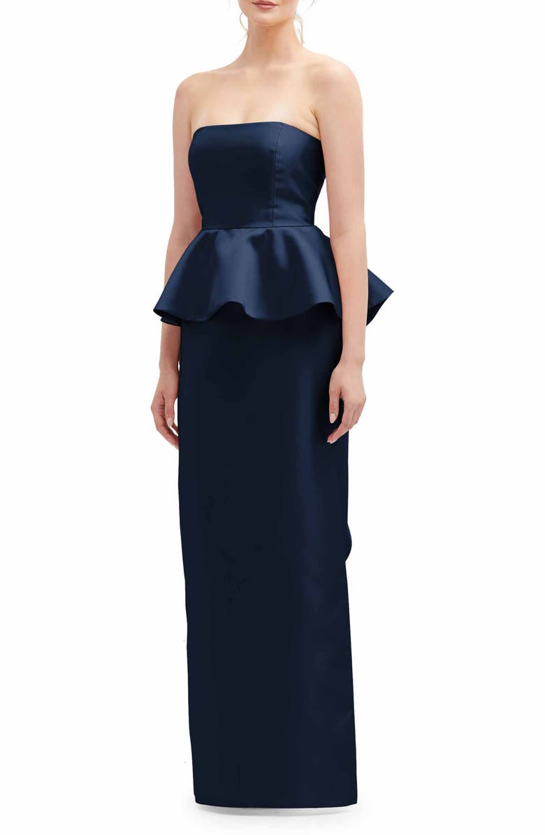 Alfred Sung Strapless Ruffle Peplum Satin Column Gown, Main, color, Midnight