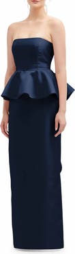 Alfred Sung Strapless Ruffle Peplum Satin Column Gown