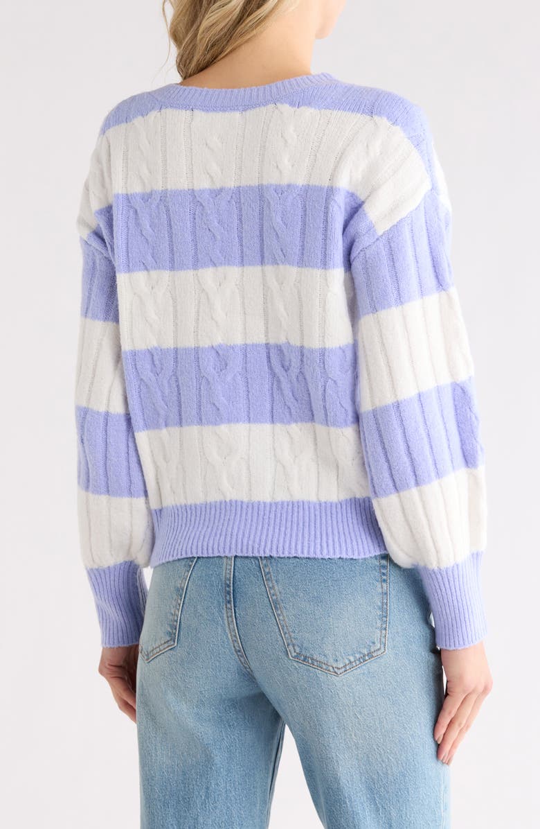 Madden Girl Rugby Stripe Cable Knit V-Neck Sweater, Alternate, color, Baby Lavender Combo