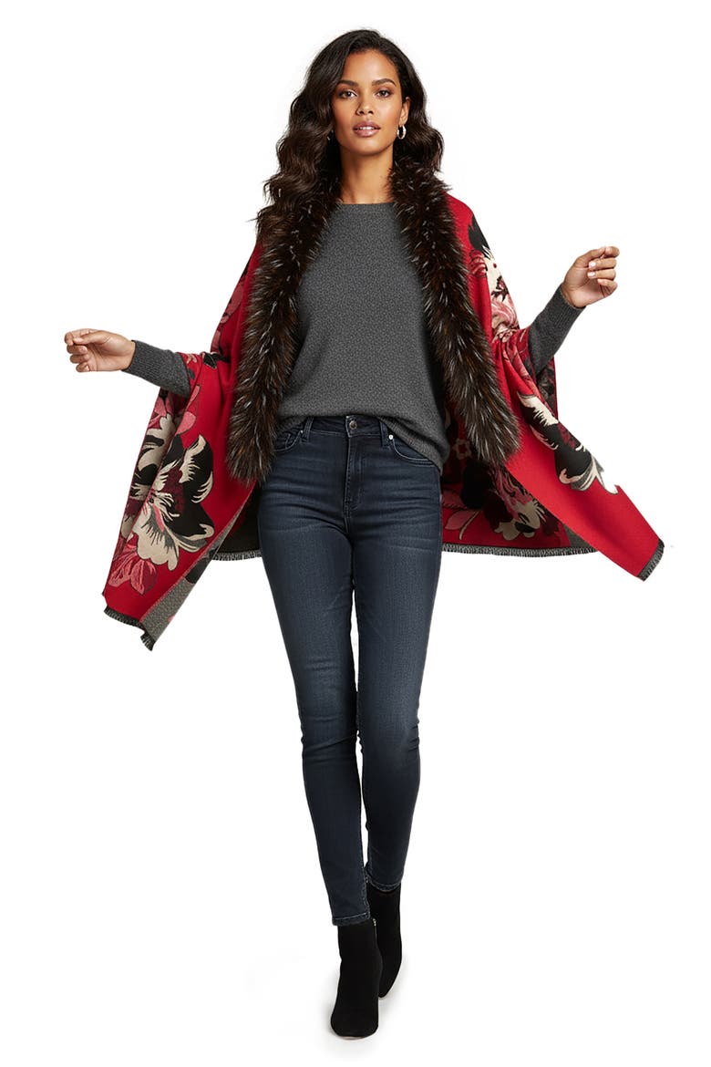 Floral Faux Fur Trim Scarf, Alternate, color, RED