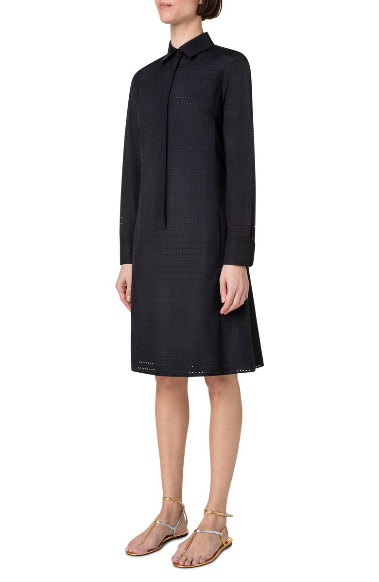 Akris punto Perforated Pin Dot Long Sleeve Cotton Poplin Shirtdress, Alternate, color, 009 Black