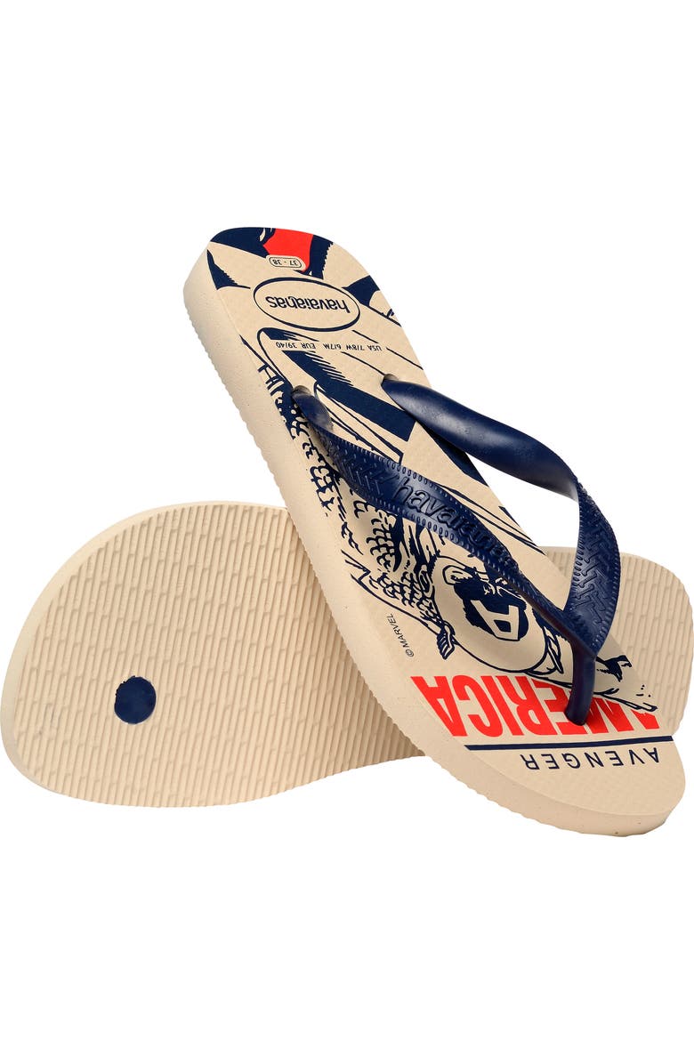 Havaianas x Marvel Top Logomania Flip Flop, Alternate, color, Beige/ Navy Blue