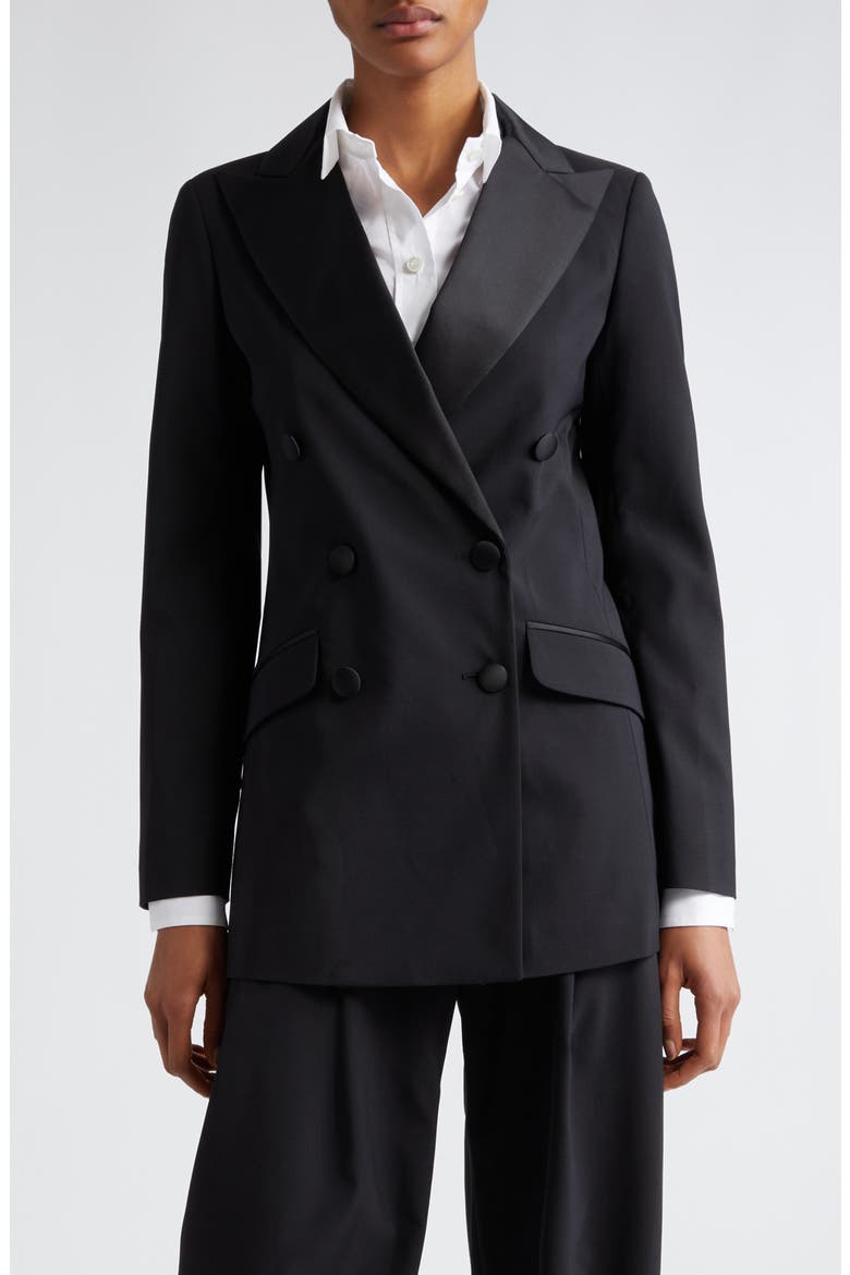 Double Breasted Satin Tuxedo Jacket, Main, color, BLACK