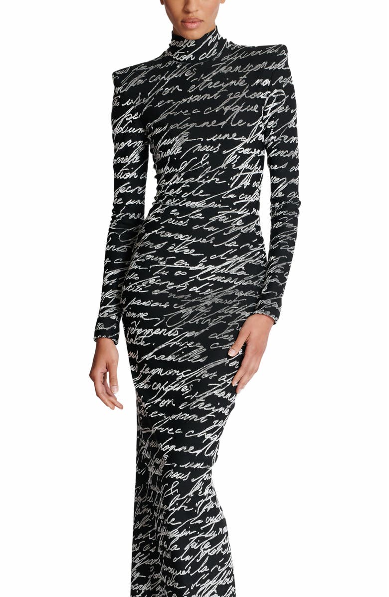Balmain Long "Love Letter" Jacquard Knit Dress, Alternate, color, Black