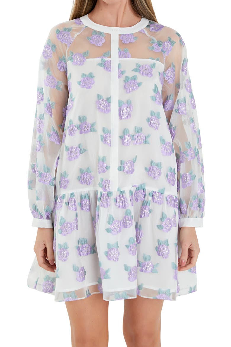 Floral Button Front Long Sleeve Organza Minidress, Alternate, color, LILAC