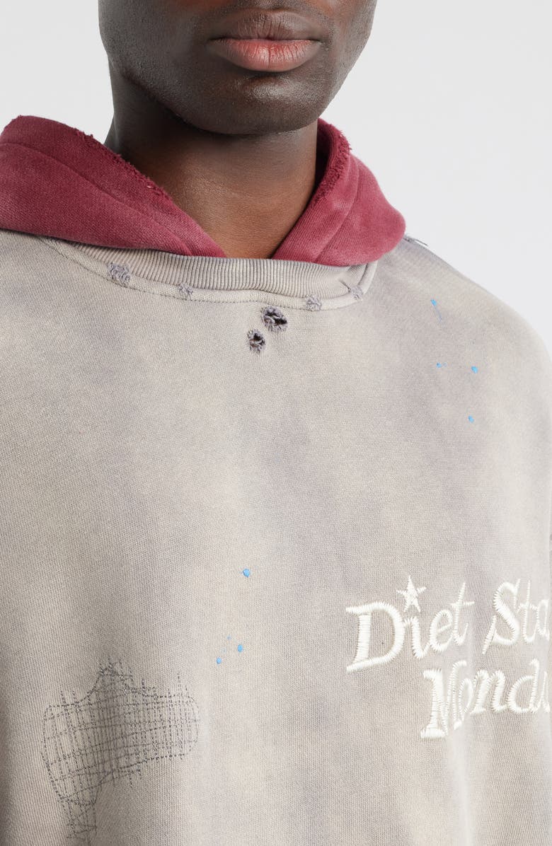 DIET STARTS MONDAY Double Layer Distressed Cotton Hoodie, Alternate, color, Washed Black/ Maroon