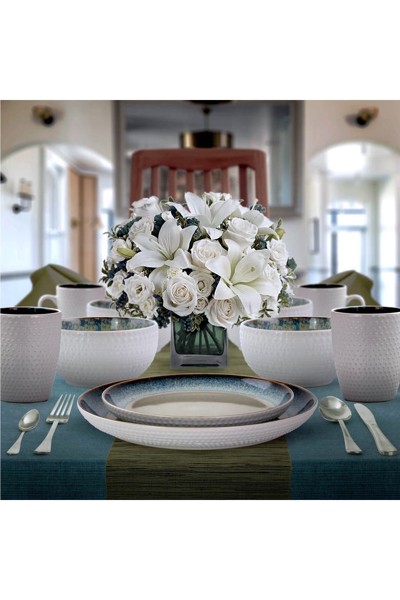 Modern Dot 16 Piece Luxurious Stoneware Dinnerware with Complete Setting for 4, Alternate, color, Beige